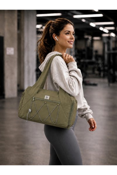 ICONE BAG Women's Sports and Yoga Bag - Multi-Pocket, Shoe Compartment, Rubber Detail, Zippered Front Pocket, Khaki Sports Bag