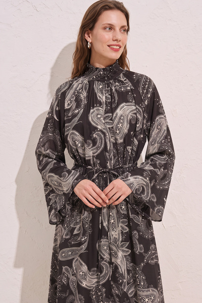 zenne Buta Desenli Elbise Y0165 - KOYU KAHVE