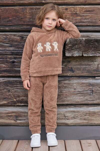 Fulla Moda Teddy Bear Embroidered Hooded Plush Girls' 2-Piece Set