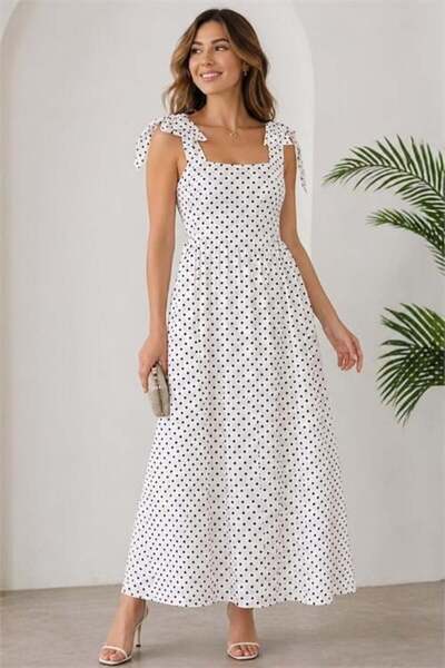 Dipmoda Women's White Shoulder Bow Detailed Square Neck Thick Strap Midi Dres...
