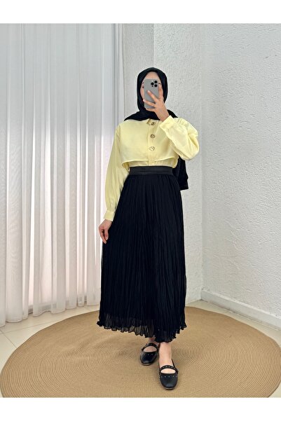 MİHRA STORE Φούστα σιφόν με πιέτες και επένδυση Poyraz - PA0212 Μαύρο