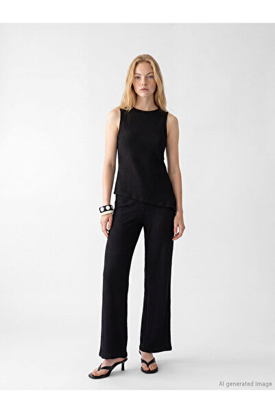 LC Waikiki Xsidesblack elastic waist textured women's pants