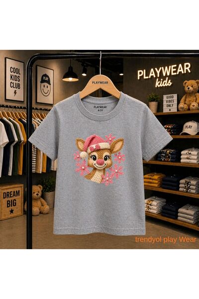 playwear Розова барета с щампа на елен, 100% детска унисекс тениска за 5-6, 7...