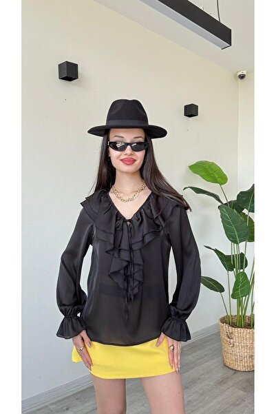 modadagiyim Γυναικεία μπλούζα πουκάμισο με κορδόνια και λεπτομέρειες στα μανί...