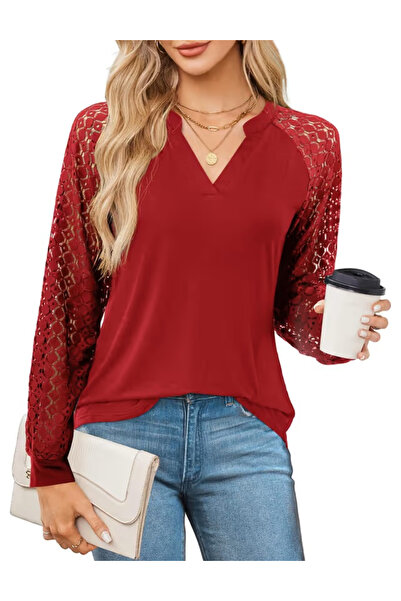 OEM Red loose-fit blouse for women, breathable pullover, V-neck, lace sleeves S