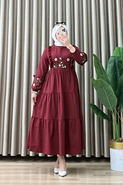 mercan moda LİLYUM ELBİSE Poplin Kumaş Kadın Bordo Fırfır Detaylı ve Nakış İş...