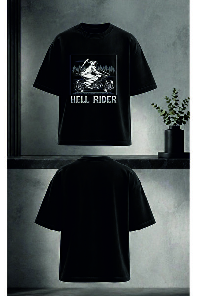 Unisex Motorcu Hell Rıder Baskılı T-shirt