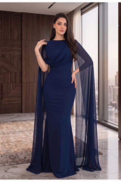 DVNA Soft Chiffon Royal Evening Dress with Draped Cape by Dvna