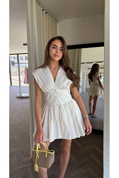 ALVOR V Yaka Düğmeli Belden Büzgülü Mini Poplin Elbise