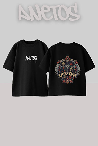 Anetos Μπλουζάκι Gamer Crest Design με στάμπα στην πλάτη, βαμβακερό μαύρο ove...