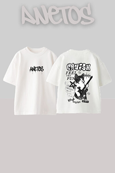 Anetos Tricou supradimensionat alb din bumbac cu imprimeu pe spate Cat Guitar...
