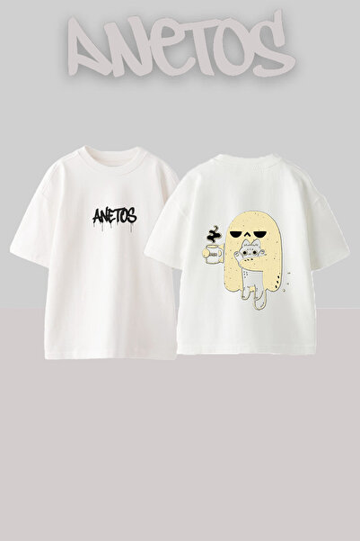 Anetos Μπλουζάκι Ghost Cat Design με στάμπα στην πλάτη, βαμβακερό λευκό oversize