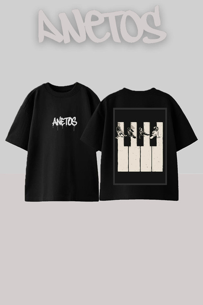 Anetos Μπλουζάκι Beatles Keys Design με στάμπα στην πλάτη, βαμβακερό μαύρο ov...