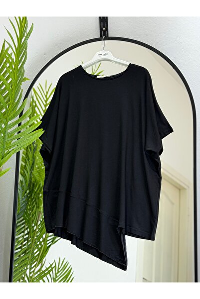 ÖZNE BUTİK Γυναικείο 100% βαμβακερό λύκρα ασύμμετρο κοντομάνικο χτενισμένο το...