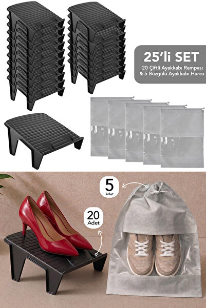 Meleni Home 25'li Set - 20 Adet Çiftli Ayakkabı Rampası - 5 Adet Ayakkabı Düz...