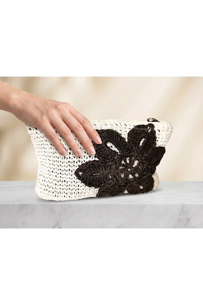 Meya design El Örgüsü Kağıt İp Clutch Çanta Çiçek Detaylı – Şık ve Özel Tasar...