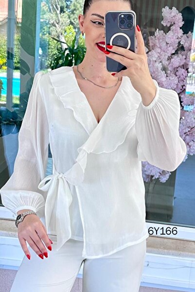 İnce Topuk Διπλόστρωτη μπλούζα οργάντζα με γιακά και βολάν 6y166