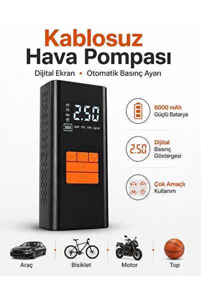 SMAYLİNG Kablosuz Hava Pompası 6000 mAh Şarjlı Dijital Ekranlı Lastik Şişirme...