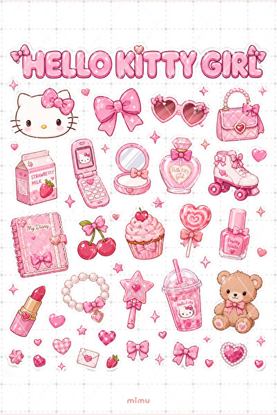 Mimu Art Studio Hello Kitty Girl Sticker Seti Pembe Kawaii Kolaj Sanrio Temal...