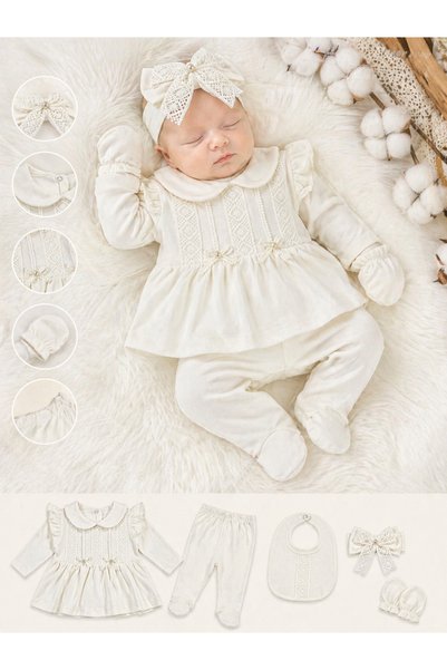 VERONA TARZ Baby Girl Scalloped 5-Piece Hospital Discharge Set Newborn 0-3 Months 100% Cotton 5-Piece