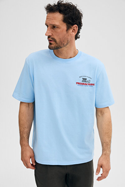 GRIMELANGE Giganest men's 100% organic cotton print detailed round neck blue ...