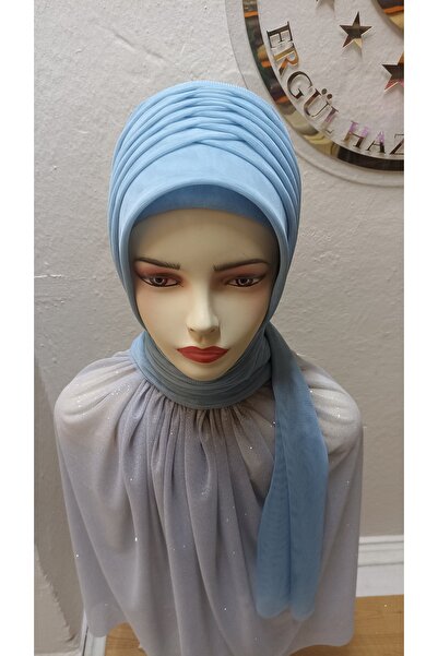Ergül Duvak عمامة جاهزة موديل سيمزيز آيس بلو، حجاب جاهز، شال جاهز، شال لفساتي...