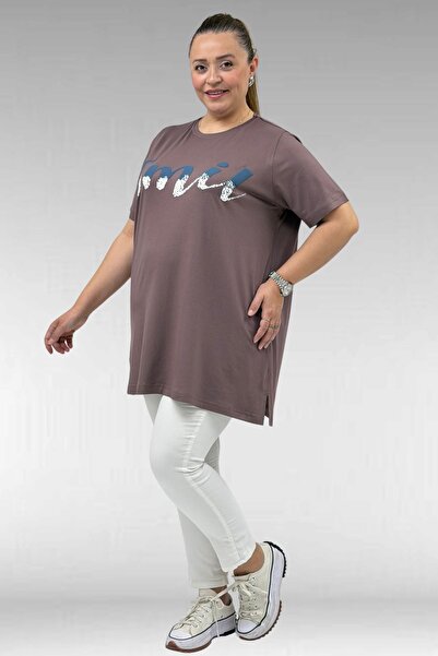 Eslina 68503 Large Size Printed Combed Cotton T-Shirt with Collar - Mink
