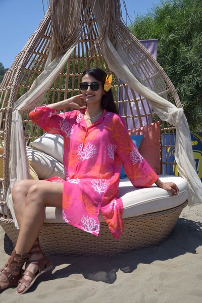 Lunivam Mercan Desenli Kırmızı Tülbent Gömlek Kimono