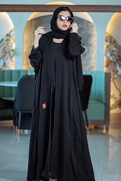 Hasnaa Abaya عباية اسود كلوش مع تدخيلات شك كرستال من الأمام والجوانب