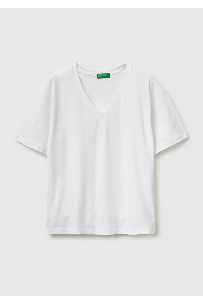 United Colors of Benetton Γυναικείο λευκό μπλουζάκι από 100% βαμβάκι, κλασικό...
