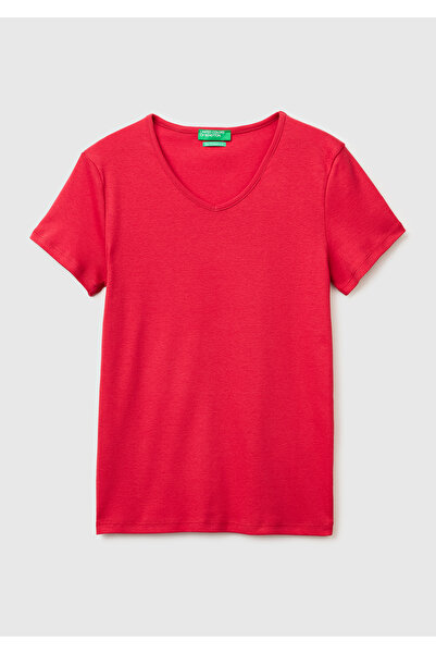 United Colors of Benetton Women's red 100% cotton wide v-neck t-shirt