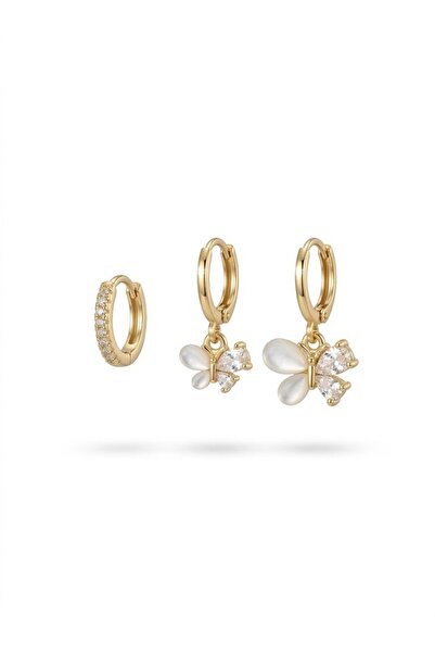 serelya Brass Gold Color Butterfly Model 3-Piece Women's Earrings