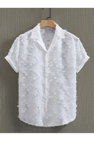 Take Two By Styli Men White Textured Short Sleeve Shirt
