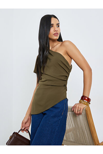 Styli Olive Ruched One Shoulder Top with Asymmetrical Hem
