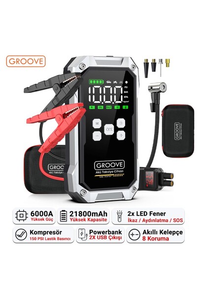 Groove F04 21800mAh 6000A Akü Takviye Cihazı+Lastik Şişirme Pompası Kompresör...