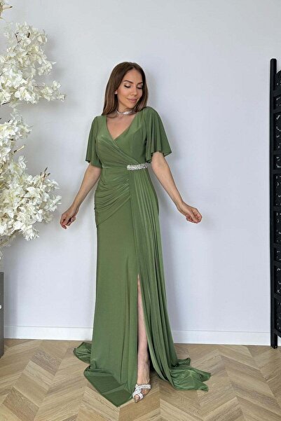 gesmoda G1813 Taş ve Drape Detaylı Maksi Abiye Elbise Yeşil