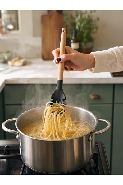 MappleHome Premium Ahşap Saplı Silikon Spagetti Servis Kaşığı – 31,5 cm