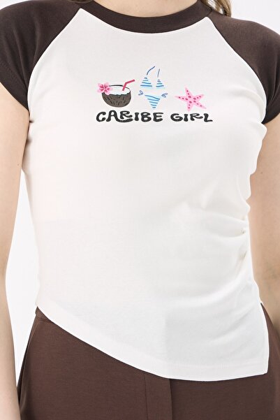 CrepTekstil Crep Women's Caribe Girl Printed Raglan Sleeve Asymmetrical Cut C...