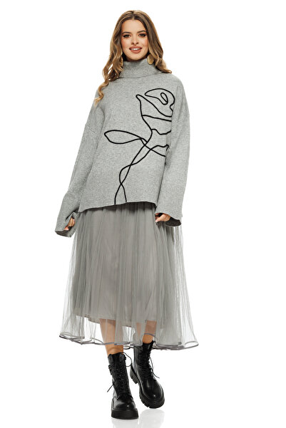 Fofy Compleu dama elegant gri cu angora pulover pe gat cu trandafir si rochie...