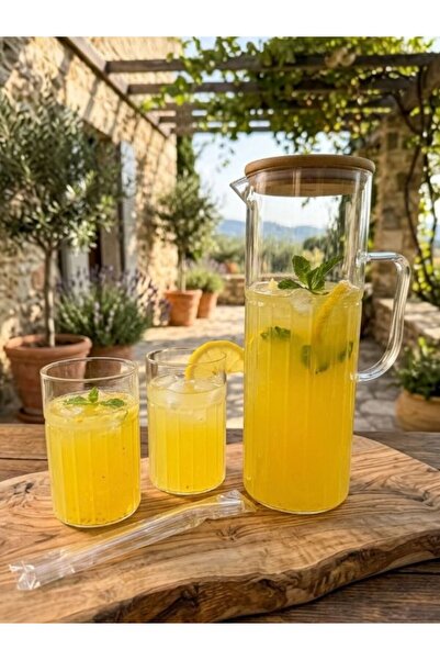 LAVORA Bambu Kapaklı Cam Sürahi - Bardak Seti ( 1800 ml - 420 ml )