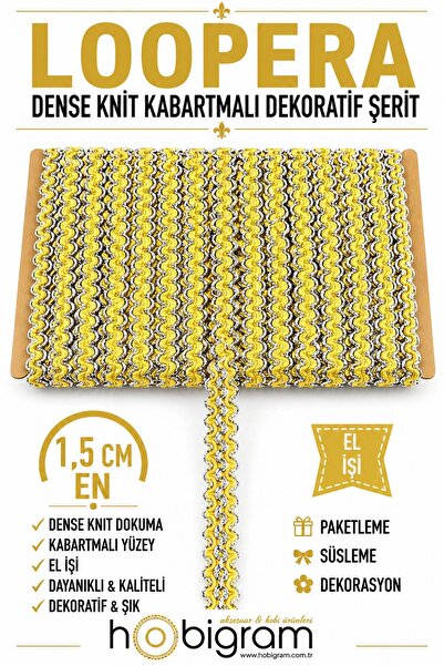 Hobigram Sarı Gümüş Loopera Dense Knit Kabartmalı Dekoratif Şerit – Premium E...