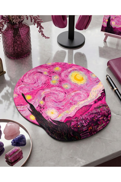 matizya Pembe Yıldızlı Gece Sanat Temalı Bilek Destekli Mousepad – Estetik Er...