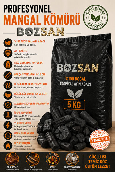 Bozsan Barbekü, 5 KG Mangal Kömürü, %100 Saf Ayın Ağacı Mangal Kömürü "Şefler...