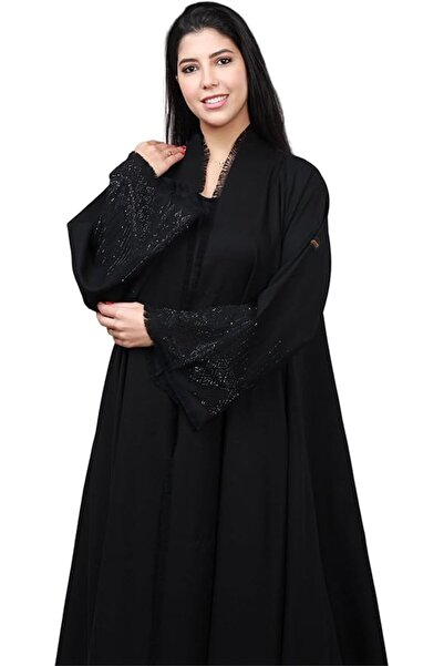 MyesuQ عباية باللون الأسود مميزة بكم واسع ومطرز, أسود
