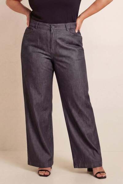 RMG Elastic Waist Denim Look Women's Plus Size Fabric Trousers Black