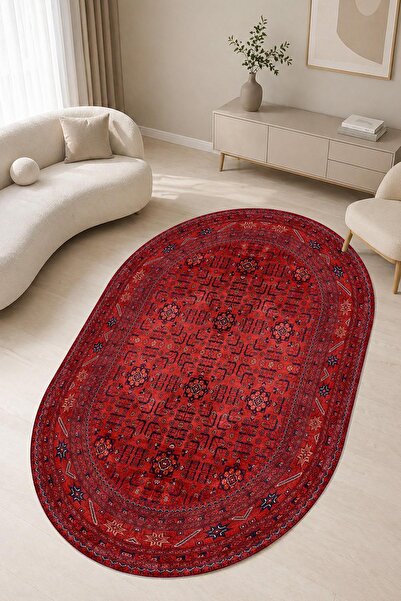 Serteks Bordo Afgan Desen Oval Dokuma Taban Salon Oturma Odası Mutfak Antre H...