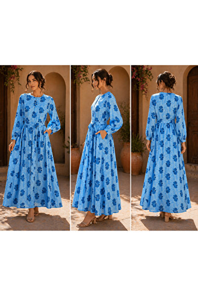 LINELLE Sky Blue Block Print Floral Casual Dress