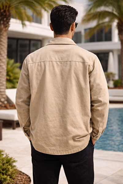 FBI Men's Beige Gabardine Unlined Coat 80% Cotton Lycra Comfortable Fit Zippered Summer Seasonal Jacket