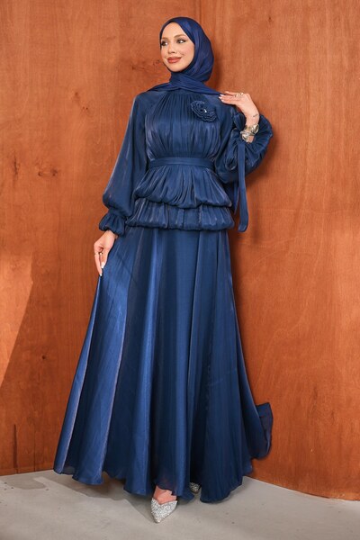 İmajButik Navy Blue Balloon Sleeve Waist Detailed Evening Dress