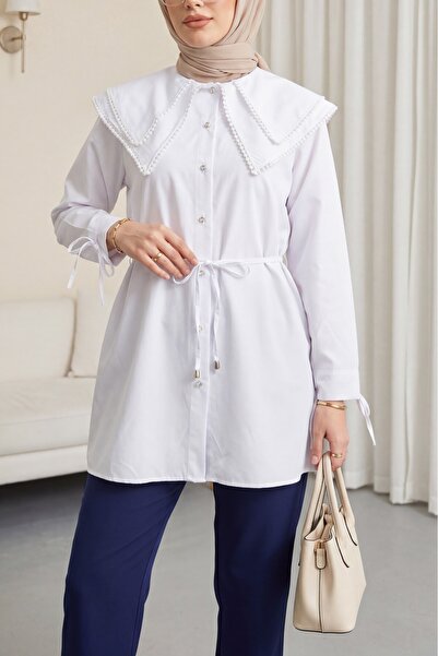 Modamorfo Poplin Tunic with Lace Collar, Tie at the Waist and Tie-Down Sleeve...
